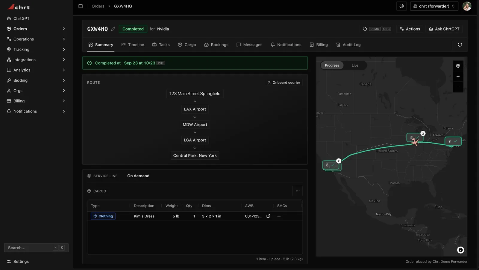 The Summary tab of a completed onboard-courier order in chrt, in the dark theme: the sidebar, the order header and tabs, the route from a pickup address through three airports to the delivery, the cargo, and a map showing the whole trip.