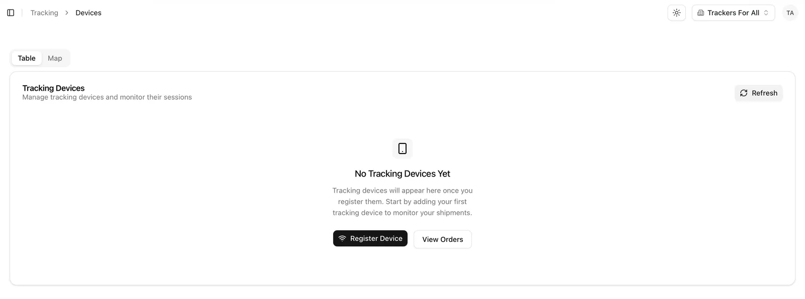 Tracking Devices page with the Register Device button