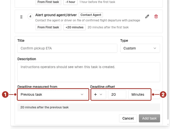 A task template with one saved entry and an unsaved Add task form, with numbers 1 and 2 on Deadline measured from and Deadline offset.