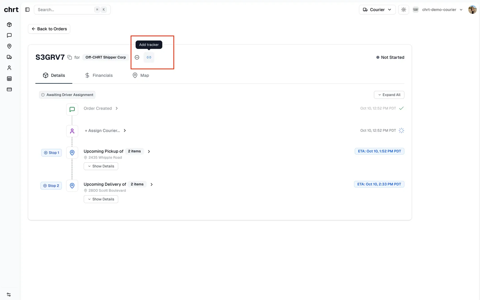 Order page with Add Tracker open in the order header