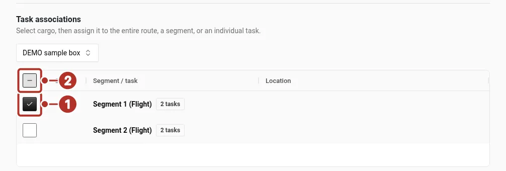 Task associations with one item selected, Segment 1 turned on, Segment 2 turned off and the route toggle showing a dash; numbers 1 and 2 mark the Segment 1 toggle and the route toggle.