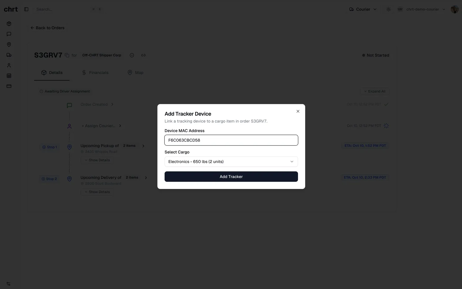 Add Tracker Device dialog with register and existing-device modes