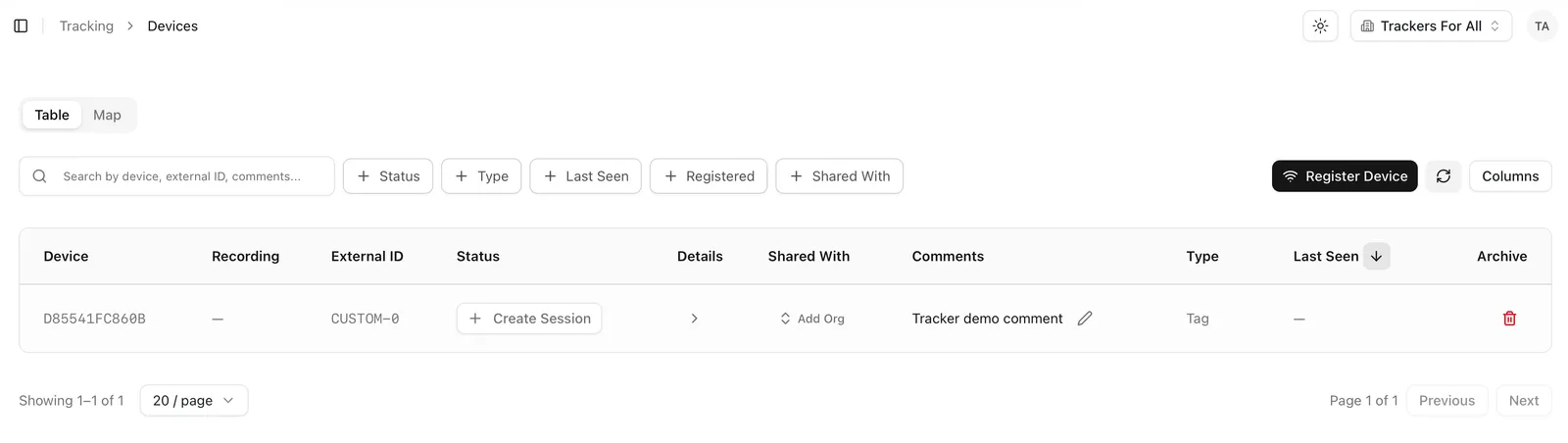 Registered tracking device row with the Create Session button