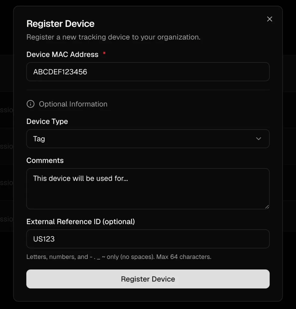 Register Device modal with MAC address, type, comments, and external reference ID