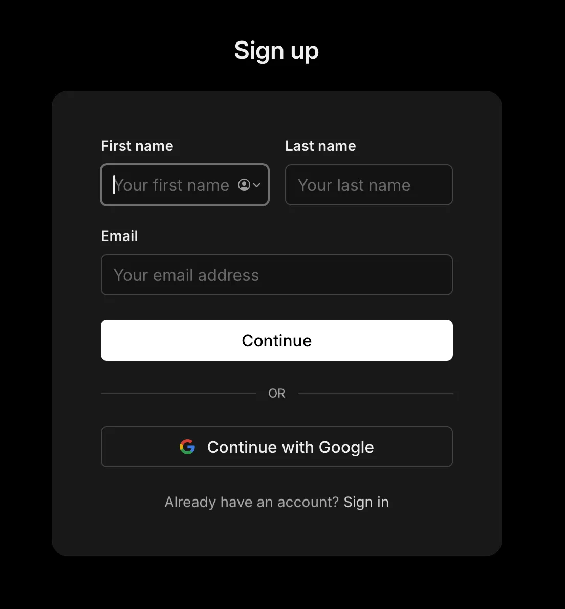 chrt sign-up form with first name, last name, email, and Continue button