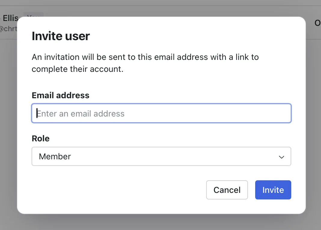 Invite user dialog with email address and role fields