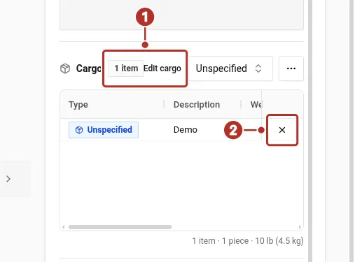 Stop details showing the Cargo section with one linked item, with numbers 1 and 2 on the item count and the unlink control.