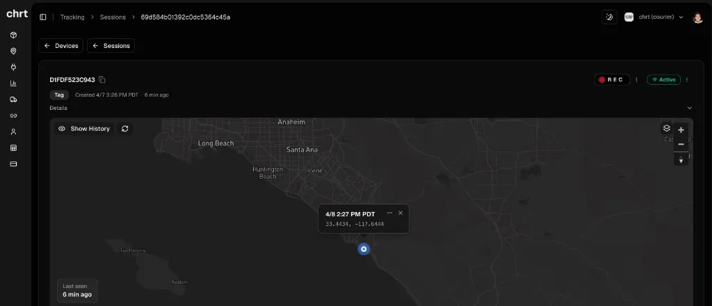 Session details with map, REC and Active controls, and Show History