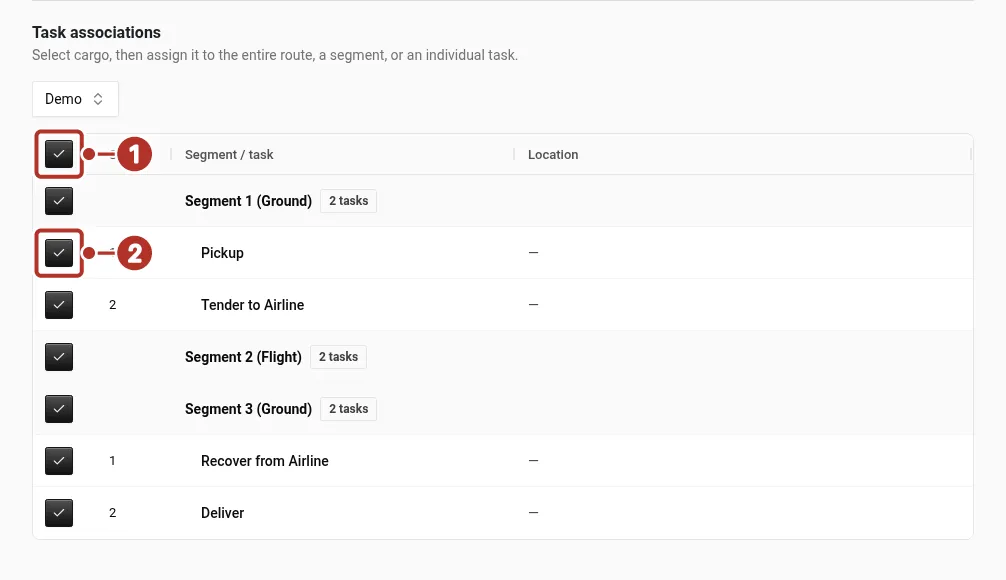 Task associations with every task turned on; numbers 1 and 2 mark the route toggle and the Pickup toggle.