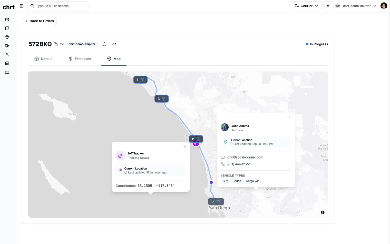 Order Map tab with both a driver marker and a cargo tracker visible