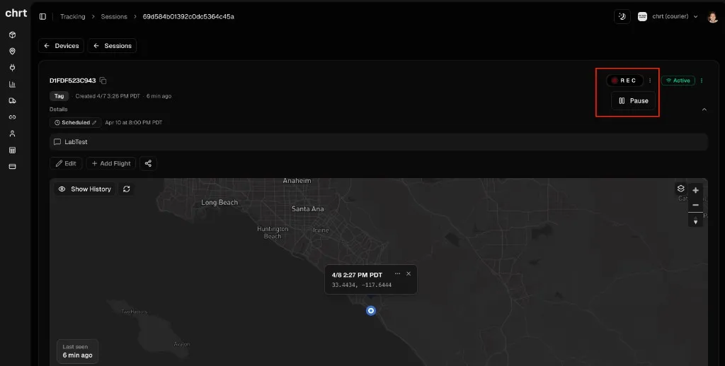 Session header with REC menu open showing Pause