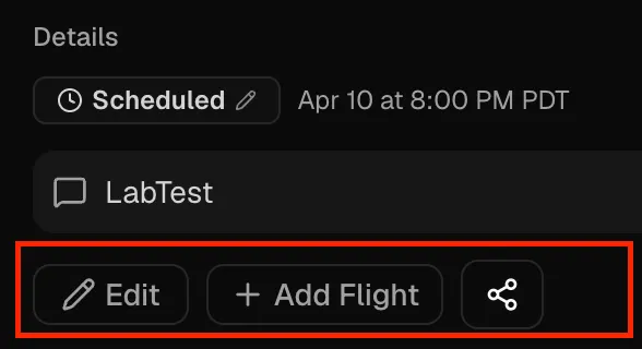 Session Details with Edit, Add Flight, and Share actions