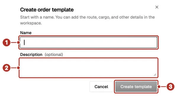 The Create order template dialog; number 1 points at the Name field, 2 at the optional Description field and 3 at the Create template button.