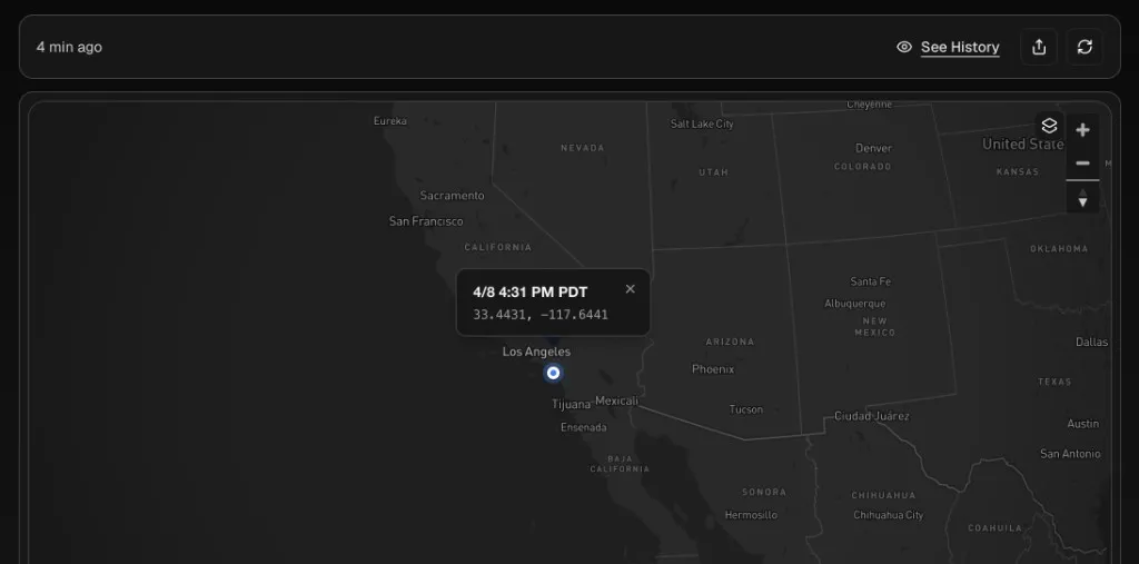 Public tracking map with location marker and See History