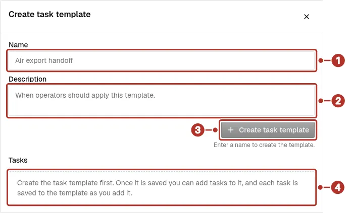 The Create task template side panel with empty Name and Description fields, a disabled Create task template button and a Tasks area telling you to create the template first; numbers 1 to 4 point at those four parts in order.