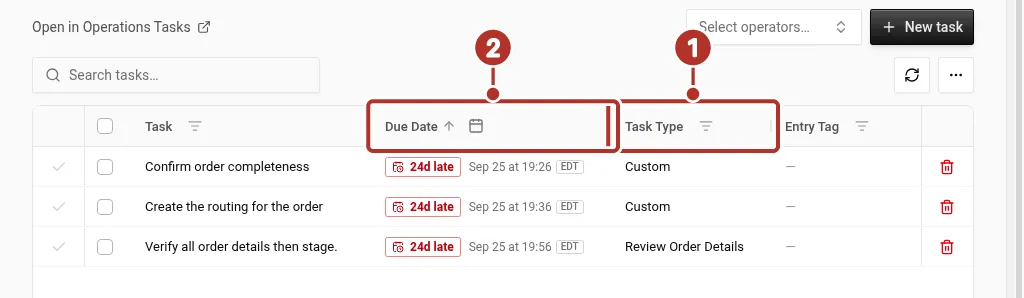 An order's Tasks tab listing saved tasks, with numbers 1 and 2 on a Custom task's type and its due date.