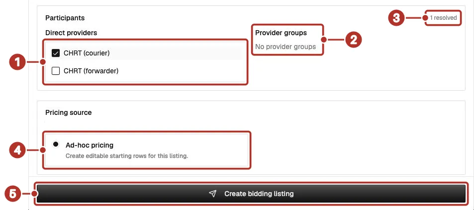 Create bidding listing form scrolled to Participants and Pricing source; numbers point at Direct providers, Provider groups, the resolved count, the Ad-hoc pricing option and the Create bidding listing button.
