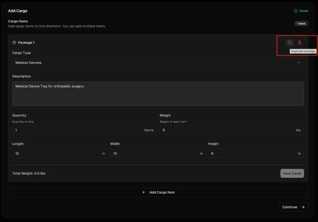 Cargo card showing duplicate and delete actions in the top-right corner