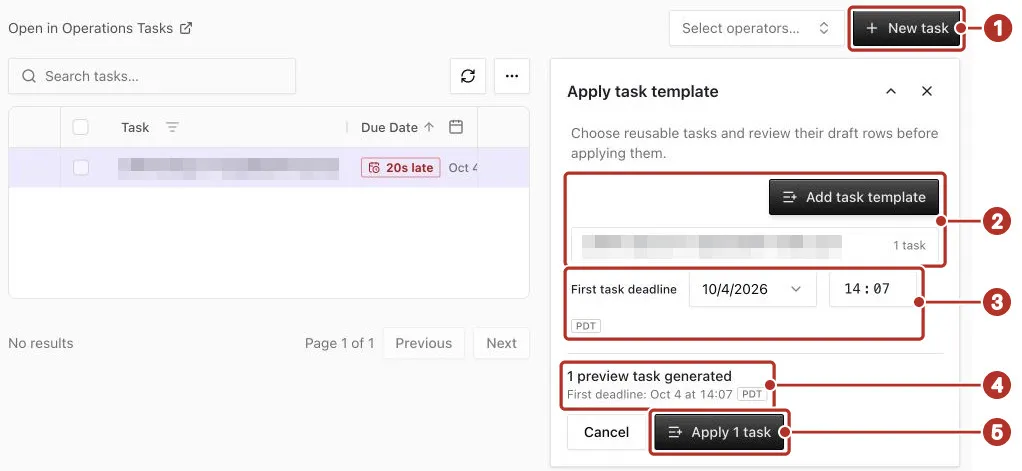 An order's Tasks tab with the Apply task template panel open and one purple preview task row in the table; numbers 1 to 5 point at New task, the selected template row, First task deadline, the preview task count and Apply 1 task.