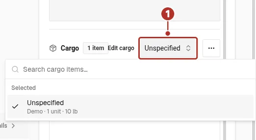 Stop details with the cargo picker open under Cargo, with number 1 on the picker.